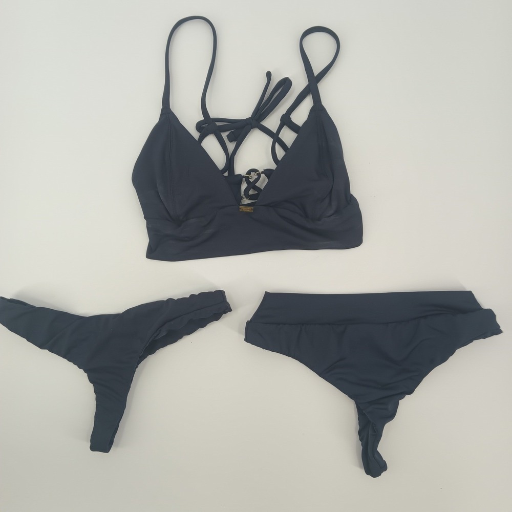 2 piece Gooseberry Seaside blue Gray Bikini Lace Top S Low Rise thong Bottom XS